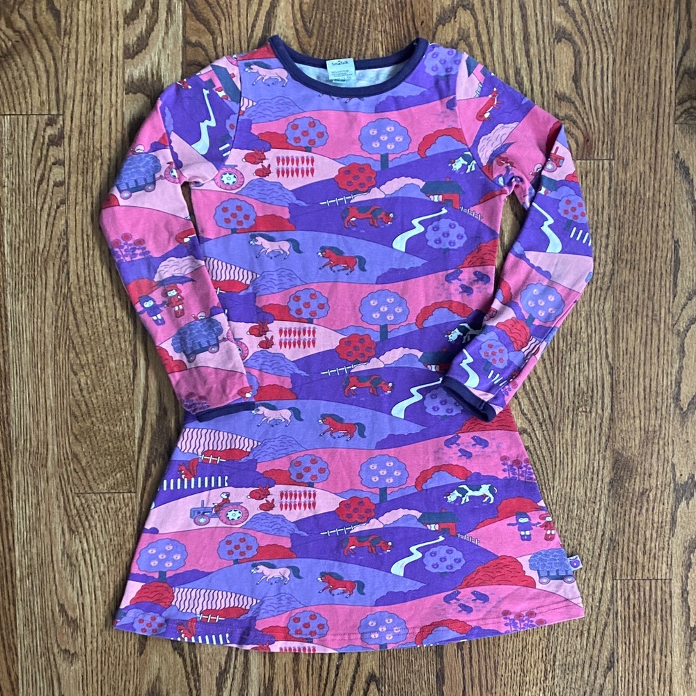Smafolk purple and pink farm print long sleeve dress, size 4-5. Excellent cond
